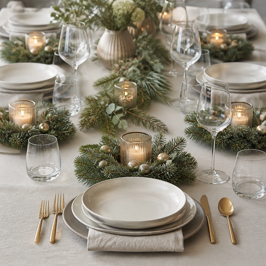 Small wreath-like rings placed as bases under each cluster of place settings, with evergreen and tiny ornaments, plus a single candle or mini vase on top.