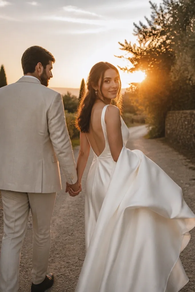 A couple walking down a quiet lane at sunset; the groom in a light beige suit jacket and the bride in a flowing satin gown, captured mid-turn with warm sun flare behind them.
