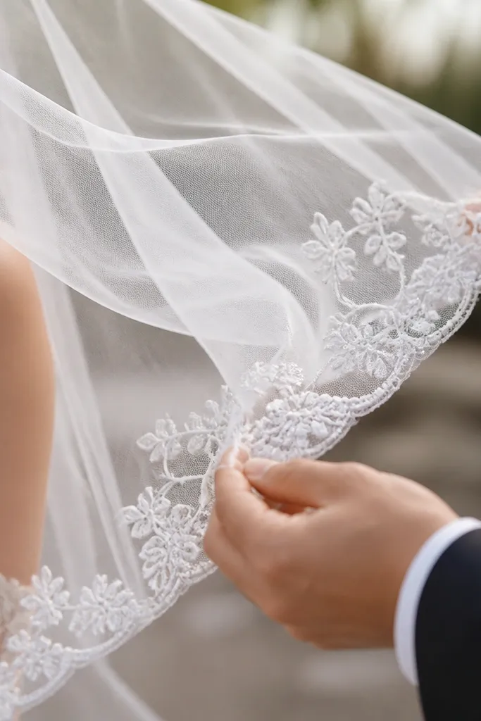 Close-up of the bride’s veil lifting in the wind; delicate embroidery is visible while the groom’s hands adjust the veil edge, with soft blurred background bokeh.