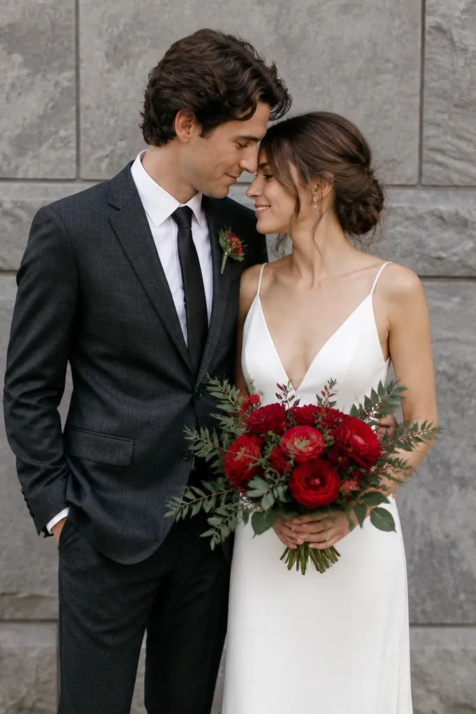 The groom in a charcoal suit and the bride in a minimal white dress holding a bouquet; the bouquet has bright red flowers and green leaves, standing out against a gray stone wall.