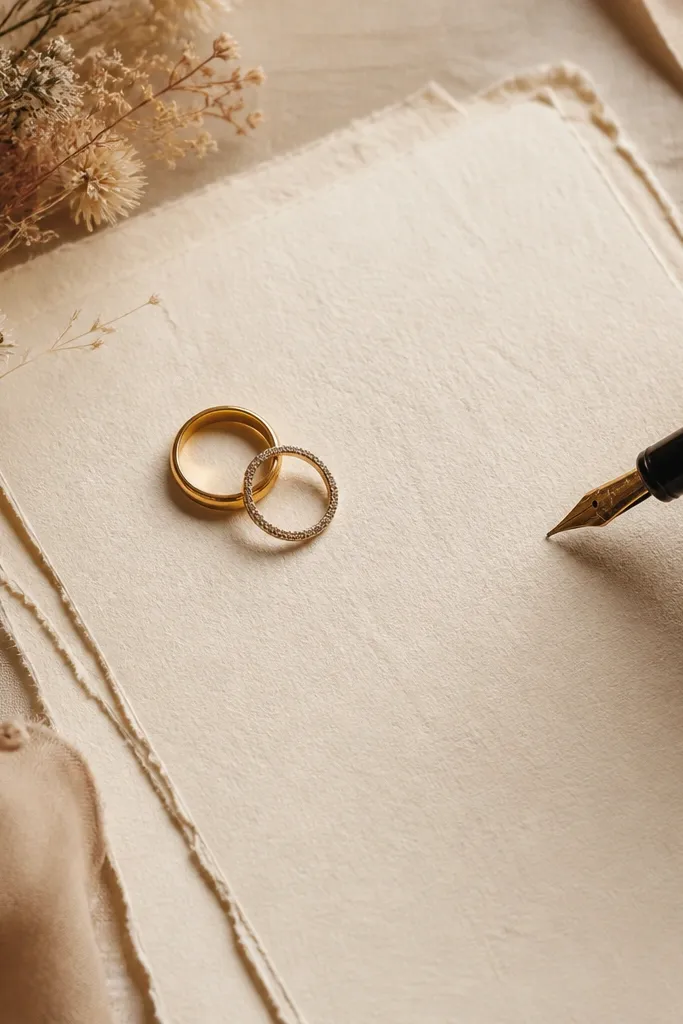 A flat lay of vow papers on textured parchment; a fountain pen writes on the page while the couple’s rings rest beside the writing, with warm overhead lighting.