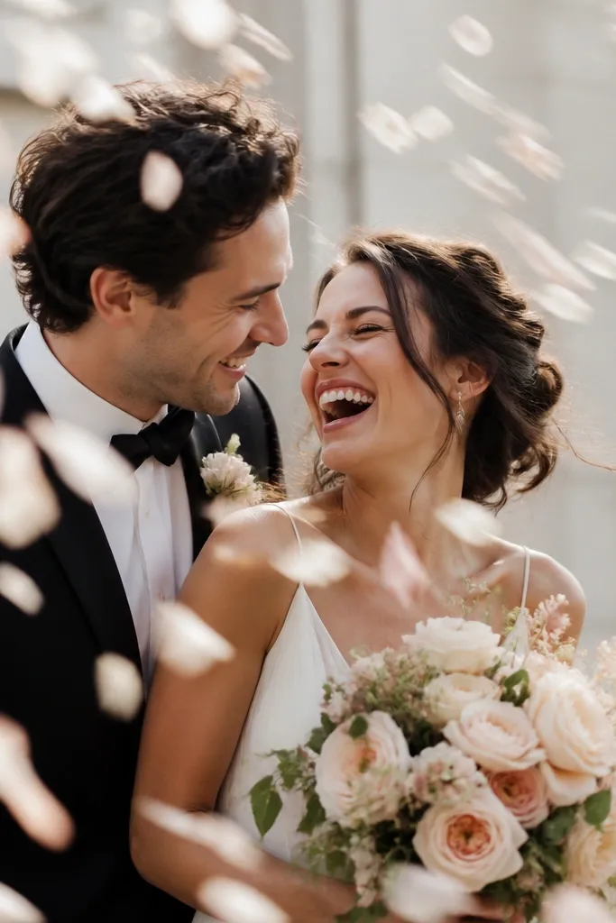 Soft-focus petals floating in the air; the bride and groom laugh while petals fall around them, with the camera capturing motion blur trails.