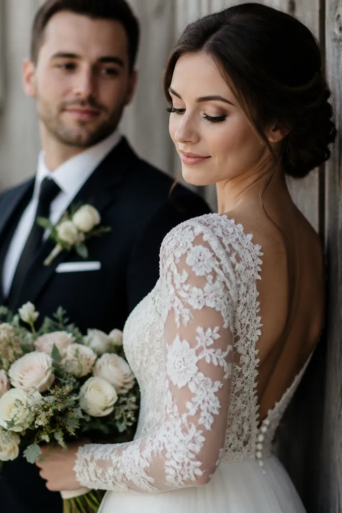 A couple posed beside a rustic wooden wall; the bride’s lace sleeves are in sharp focus while the groom stands slightly behind, softly out of focus.