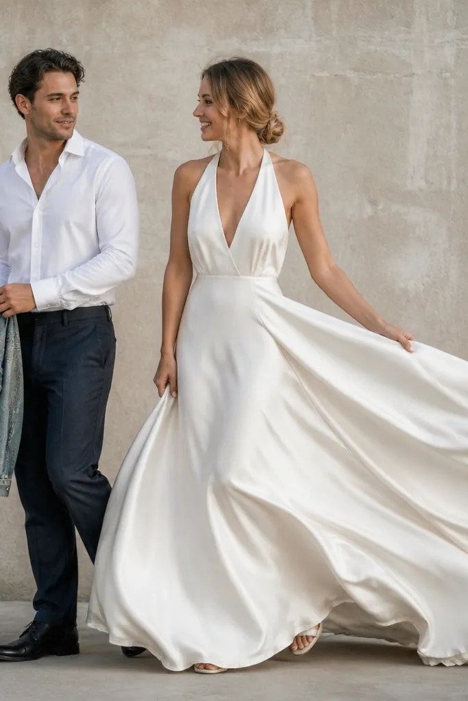 A styled cut between denim and silk: the bride’s silk skirt sways while the groom holds a denim jacket; both are framed against a neutral wall.