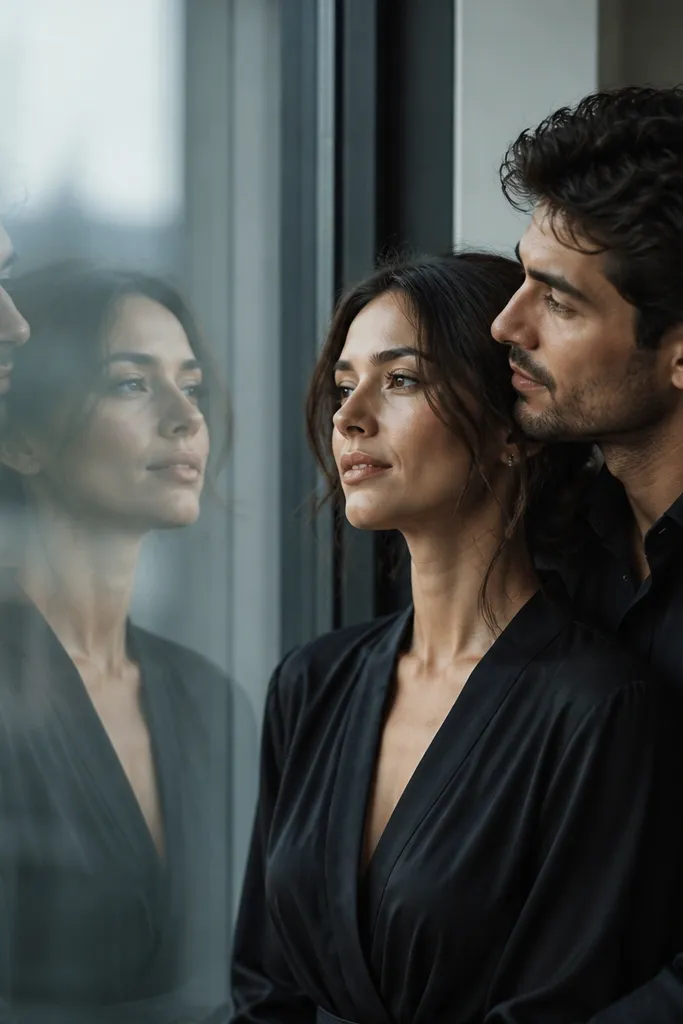 The couple stands near a large window; their reflections are visible on the glass while the real faces are slightly turned, creating a double-image look.
