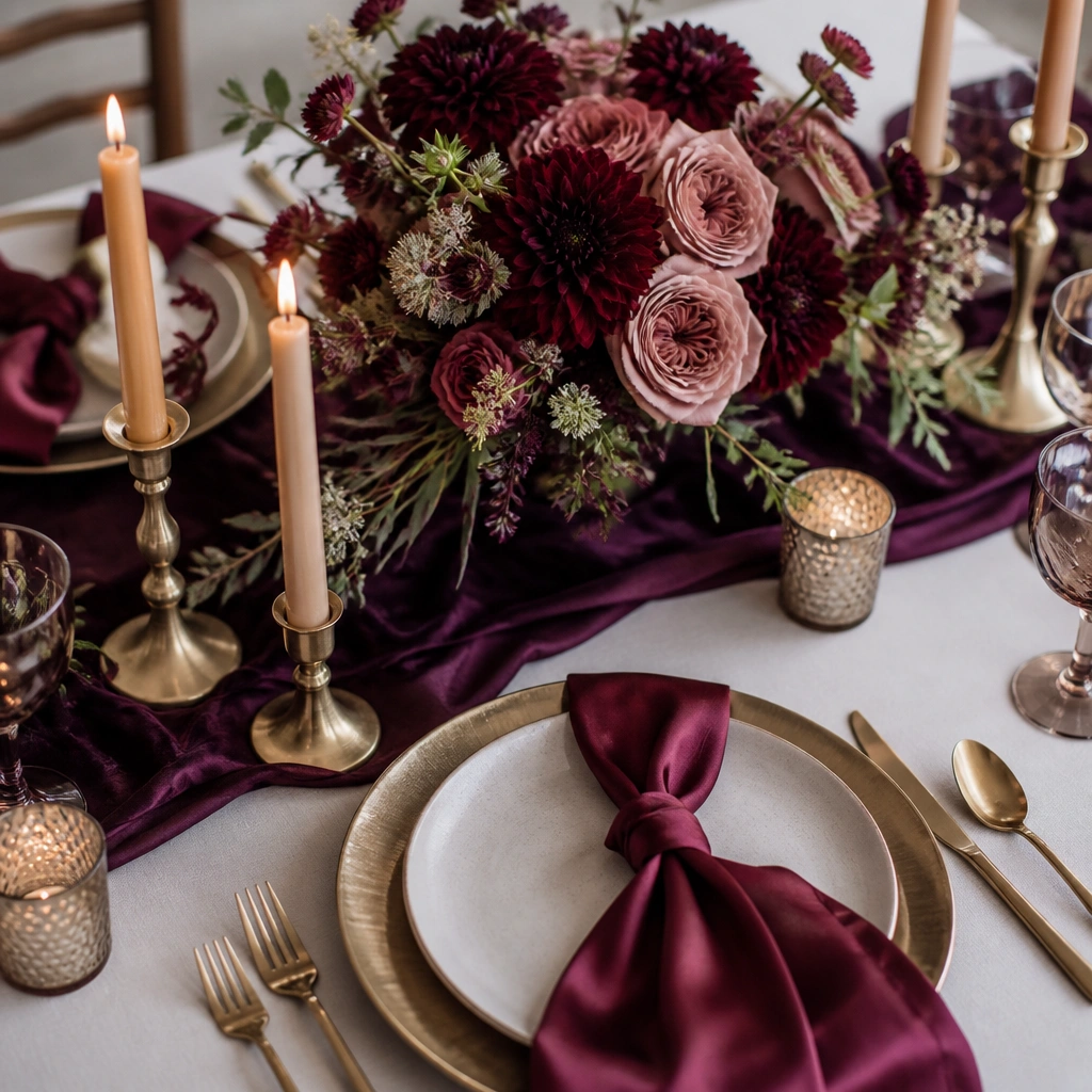 A wedding flat-lay with a deep plum velvet table runner, champagne-gold taper candles, burgundy satin napkins, and a bouquet of plum dahlias and dusty rose garden roses.