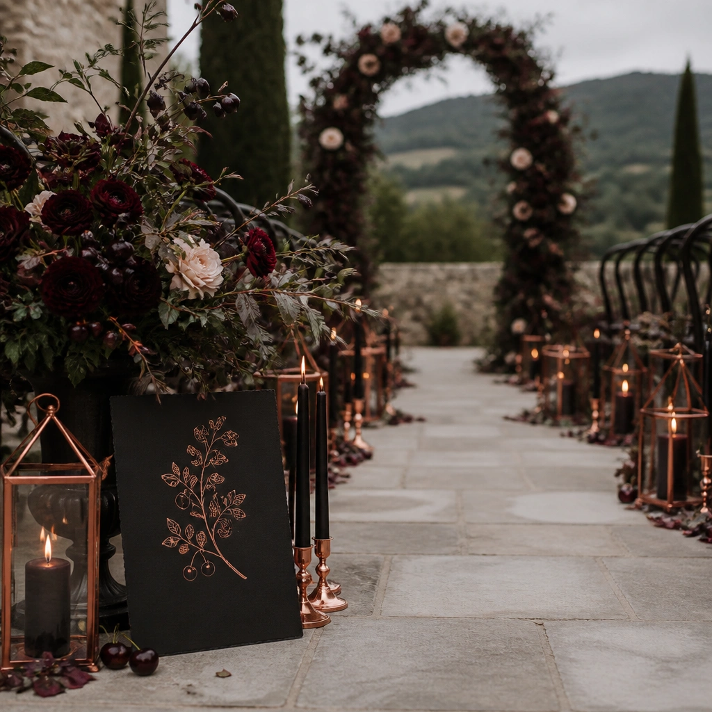 A styled ceremony aisle with black cherry floral arrangements, copper lanterns, black taper candles, and signage written on dark cardstock with copper ink.