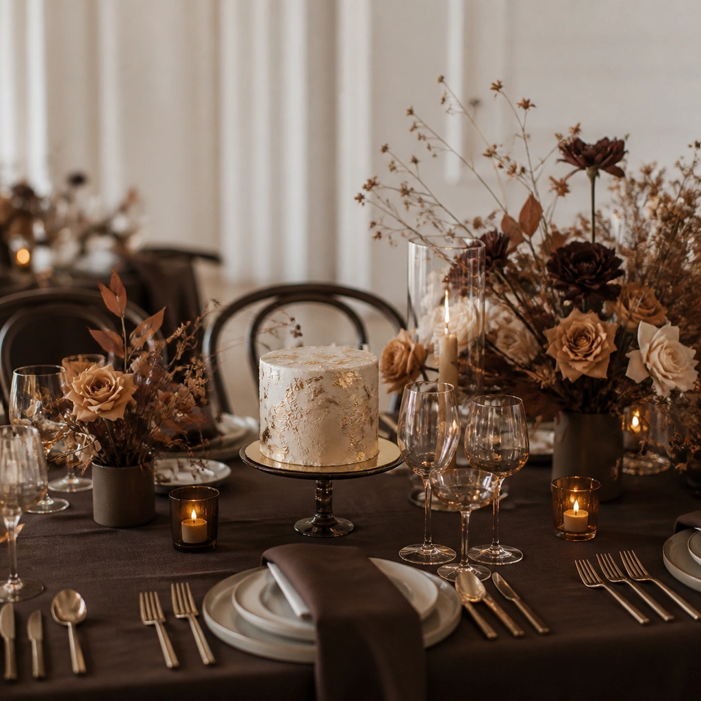 A wedding reception table setting with espresso-colored linens, antique gold flatware, a small cake with gold leaf accents, and centerpieces in caramel and chocolate tones.