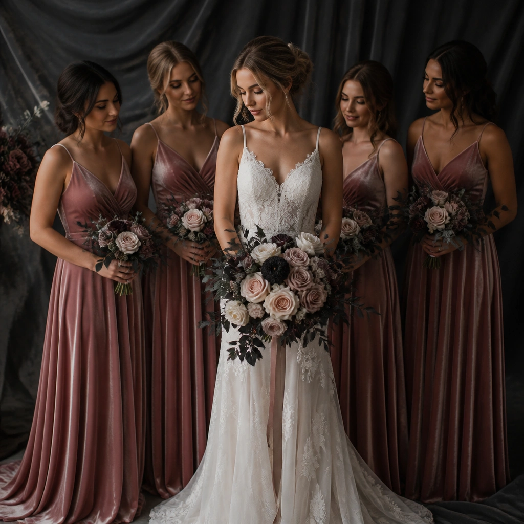 A moody bridal portrait backdrop with charcoal draping, dusty rose velvet bridesmaid dresses, and a bouquet of blush roses with charcoal accents.