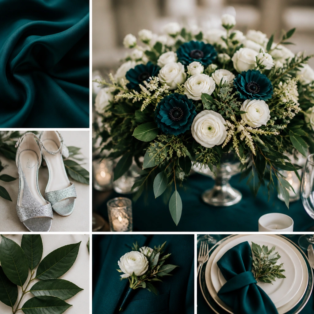 A wedding color board featuring deep teal noir cloth, silver sequin bridesmaid shoes, dark green leaves, and a centerpiece with teal anemones and white blooms.