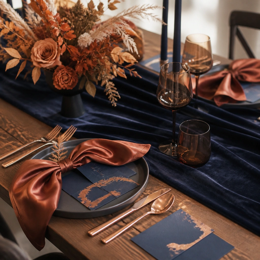A navy velvet table runner, burnt sienna satin napkins, orange-brown dried florals, and navy stationery with warm copper foil details.