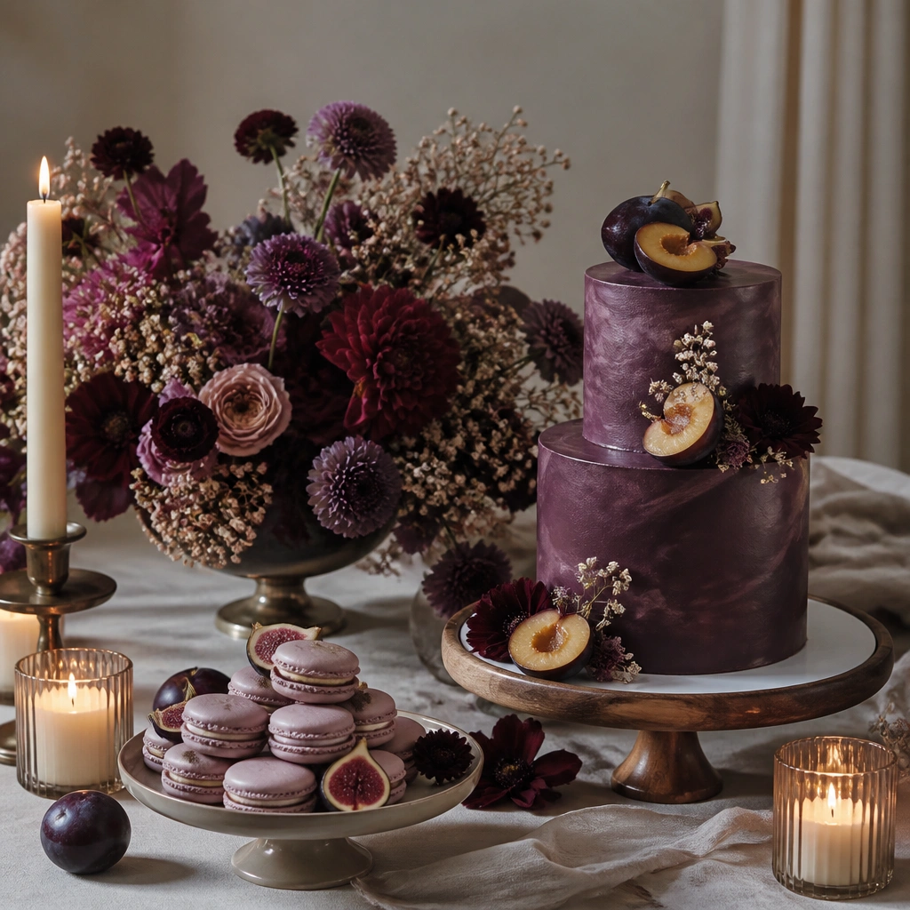A styled dessert table with fig macarons, plum wine cake tiers, cream candles, and a bouquet in plum and burgundy with small cream baby’s breath.