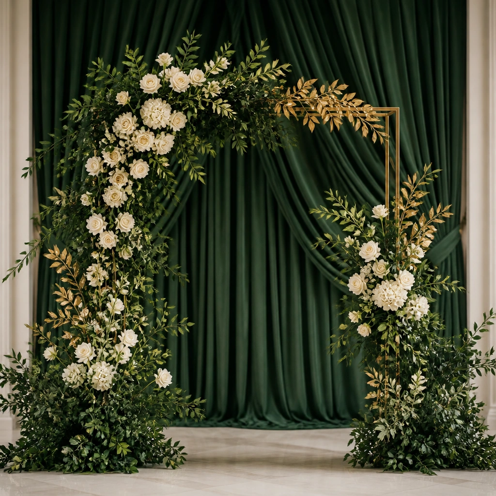 A ceremony backdrop with layered forest green drapery, champagne gold leaf accents on a wedding arch, and arrangements of dark green foliage with ivory blooms.
