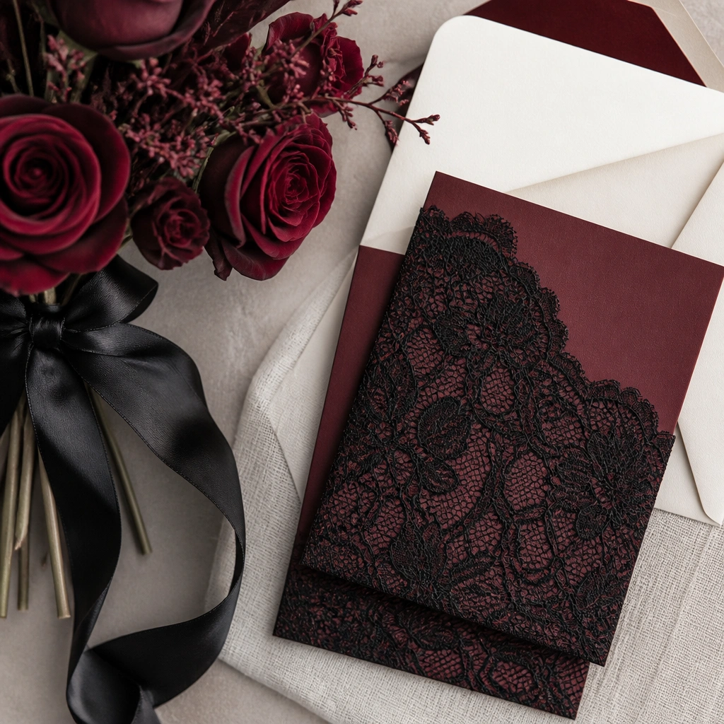 A close-up of burgundy invitation cards with black lace overlay, warm ivory envelopes, and a bouquet with burgundy roses and black ribbon.