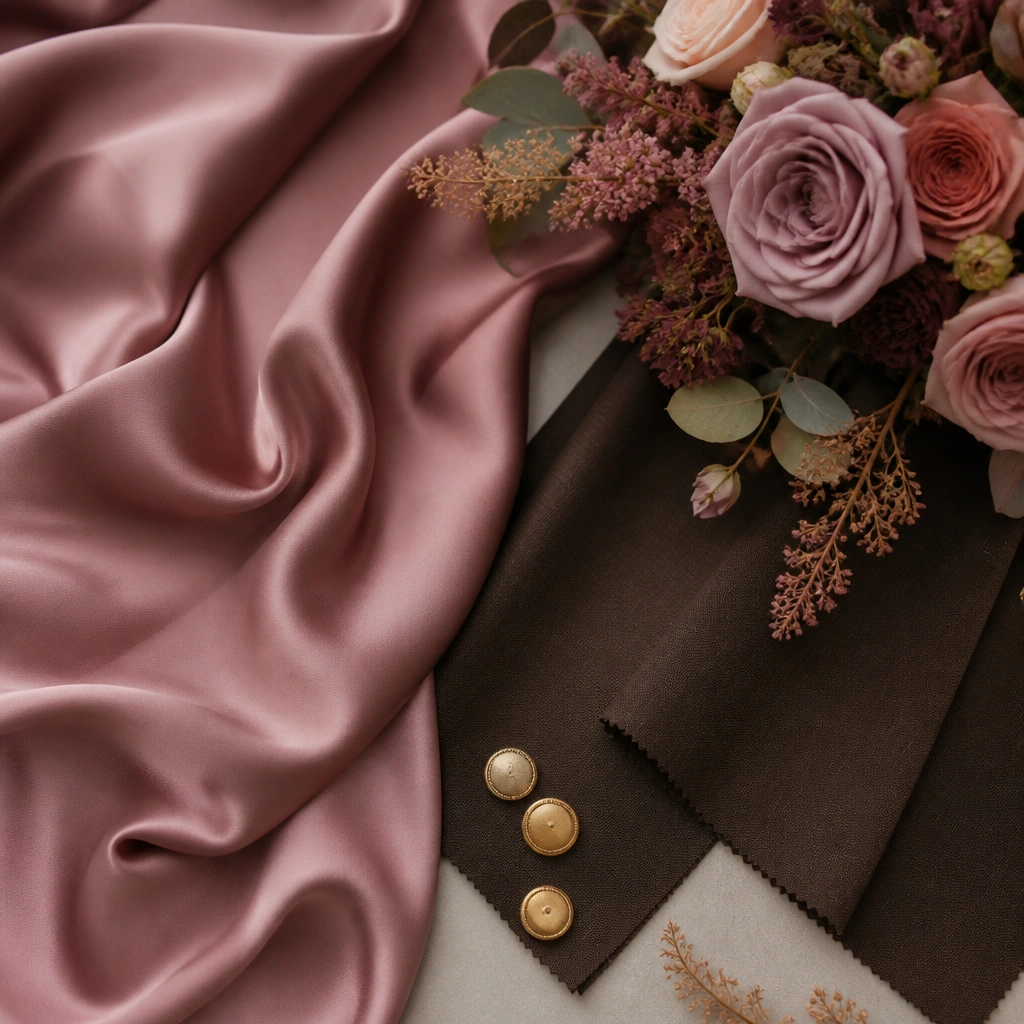 A fashion-forward flat lay with smoked pink satin bridesmaid dress fabric, an espresso-toned suit swatch, small gold button details, and a bouquet in rose and dusty mauve.