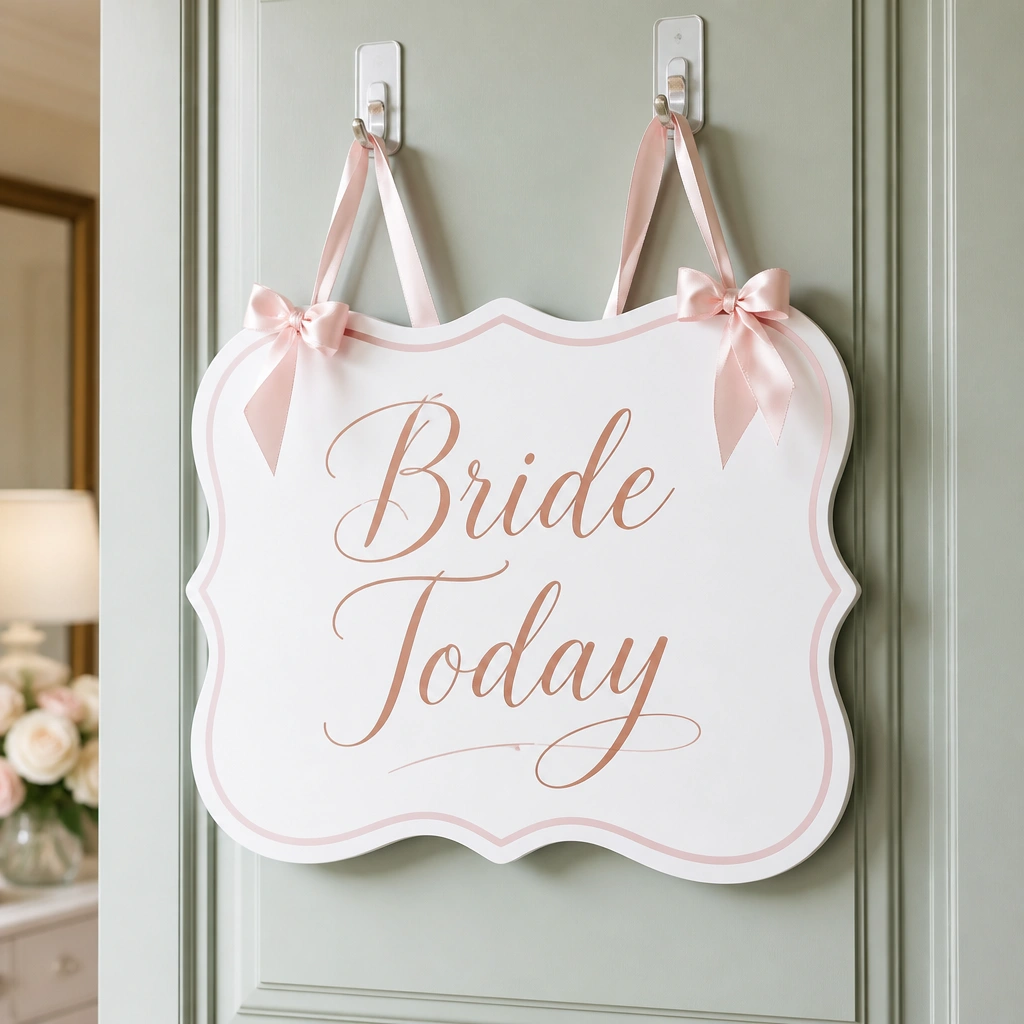 A white foam board sign with a soft blush ribbon border hangs on a rental door using two removable hooks; the words “Bride Today” are centered in elegant lettering.