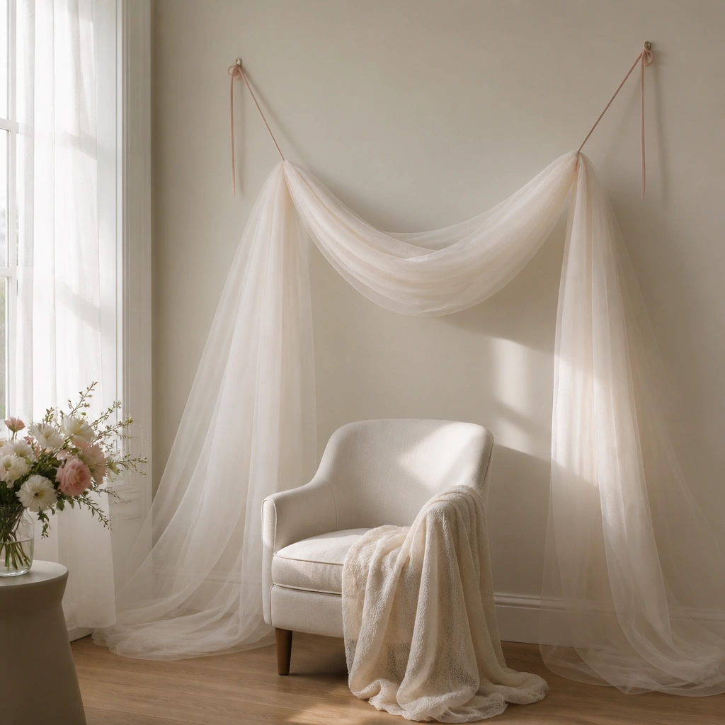 A tulle swag is draped behind a chair near the window; two small adhesive hooks hold thin ribbon cords that create a soft arch.