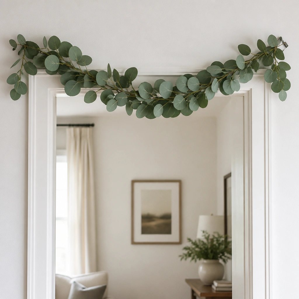 A faux eucalyptus garland spans the top of a doorway; the ends are secured with small gray mounting putty dots, and the center hangs slightly lower.