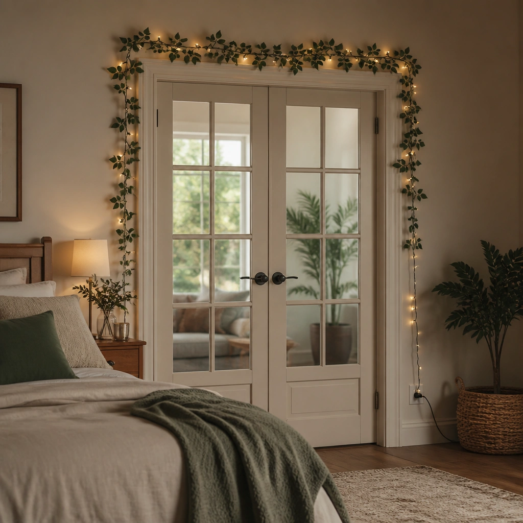 Warm white fairy lights are woven through green faux leaves above the door, forming a soft glowing line; the light plug is visible near the side wall.
