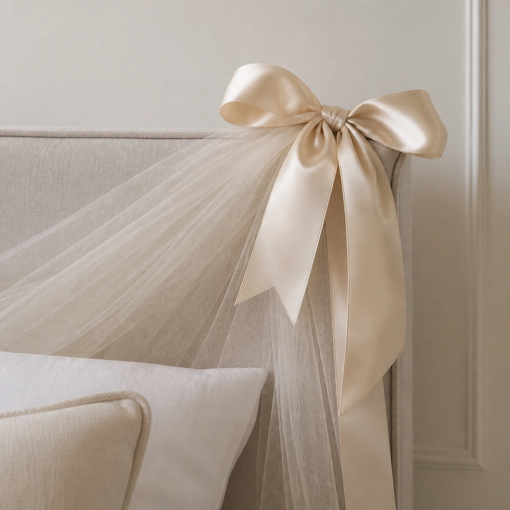A satin ribbon bow is tied around a headboard area; a few tulle strands fall softly over the top edge, with no sticky residue visible.