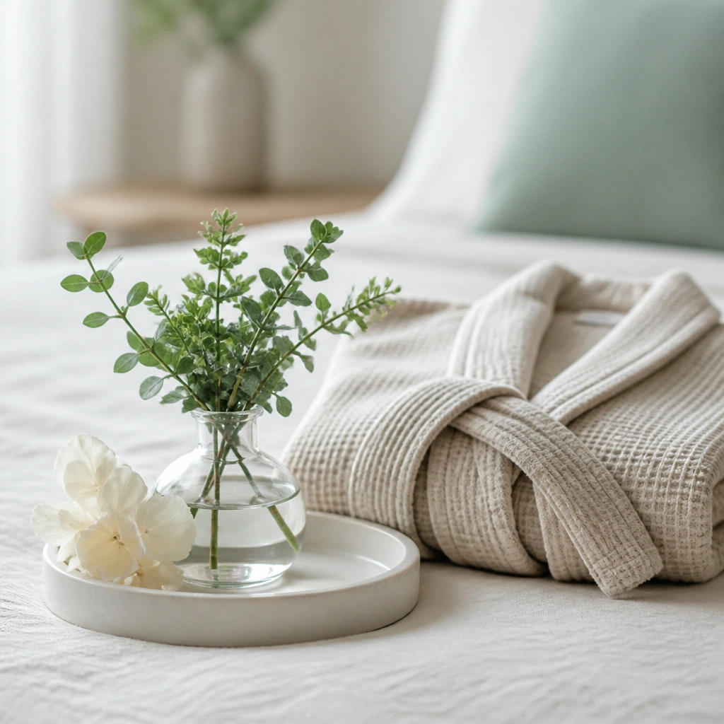 A small tray holds a clear mini vase with faux greenery and a cluster of petals; a folded robe is placed nearby for scale.