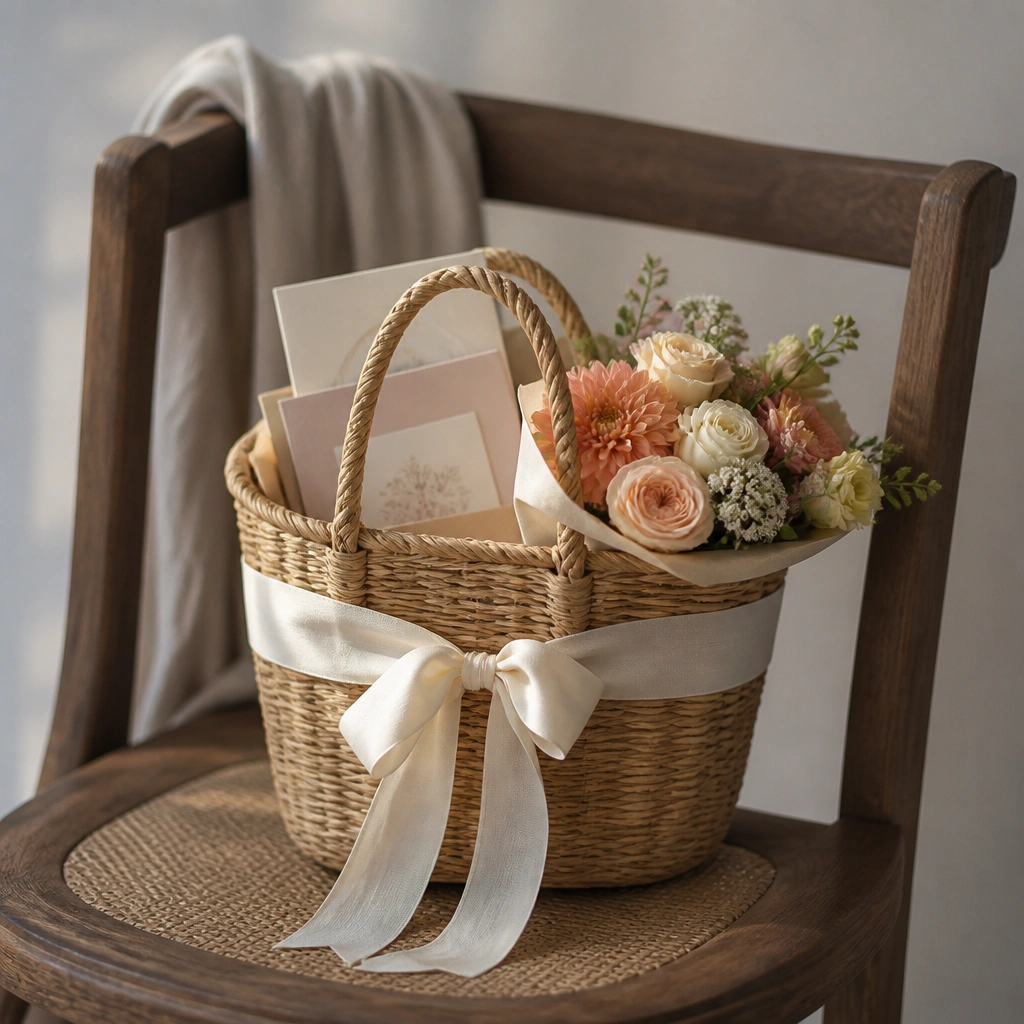 A woven basket wrapped with light ribbon sits on a chair; small cards and a compact bouquet are tucked inside.