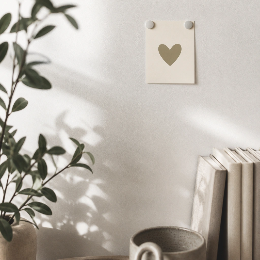 A small cream card with a heart icon is placed in the upper corner of a wall; it’s held by two dots of removable putty, not tape.