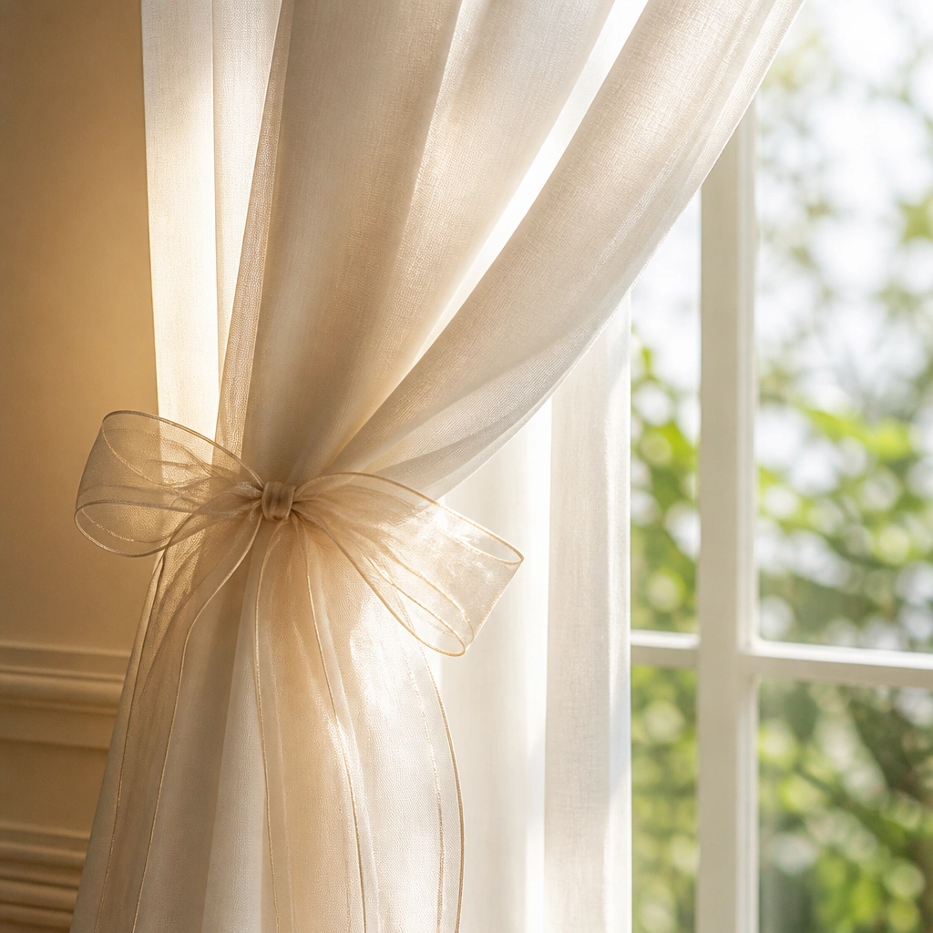 A sheer organza ribbon is tied around a curtain edge, holding it back from the window; the ribbon catches morning light.