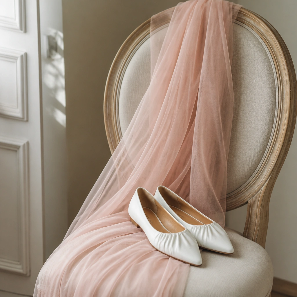 A blush tulle strip drapes over a chair seat and back; a pair of white flats sits on the chair for styling.