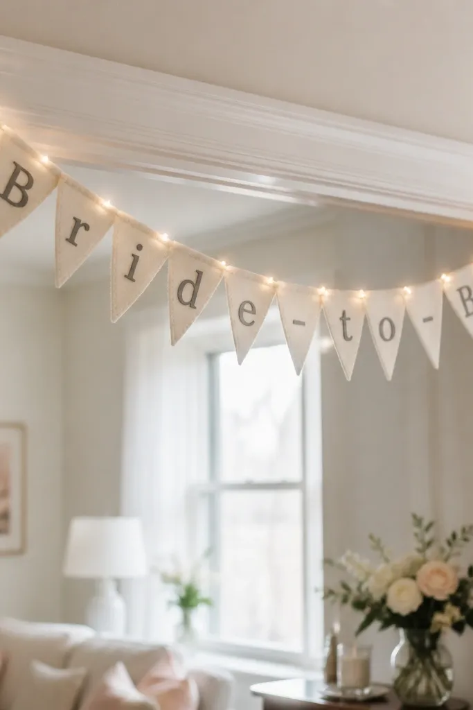 A cream felt banner made of triangle pennants spelling “Bride-to-Be” with small blush felt hearts, strung with warm white LED micro-lights across a doorway.