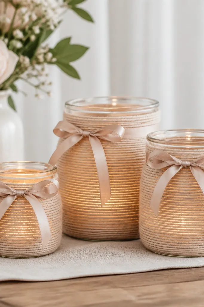 Three glass jars wrapped in beige yarn, each holding a warm LED candle, with thin blush ribbon tied around the jar necks.