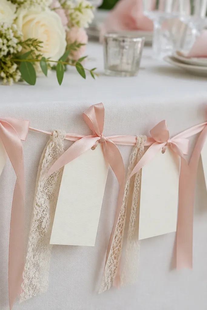 Ivory cardstock place cards tied with blush satin ribbon and a few lace strips forming a small garland across a table edge.