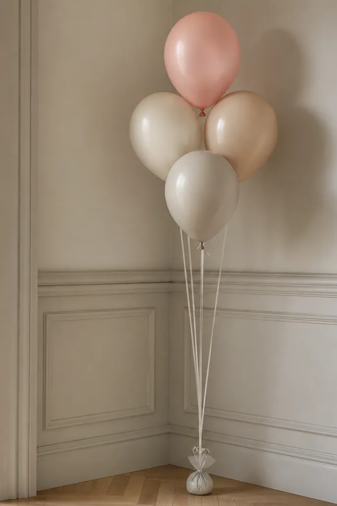 A cluster of three neutral balloons and one blush balloon tied to a visible weighted base, with clear monofilament lines stretching upward to a wall corner.