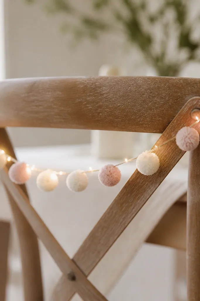 A mini garland of small pom-poms in cream and blush draped over a chair back, with warm fairy lights tucked behind.