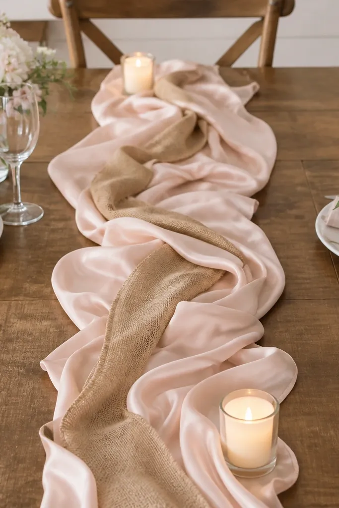 A long runner made from overlapping blush satin and tan burlap strips across a table, with tiny LED candles at the ends.