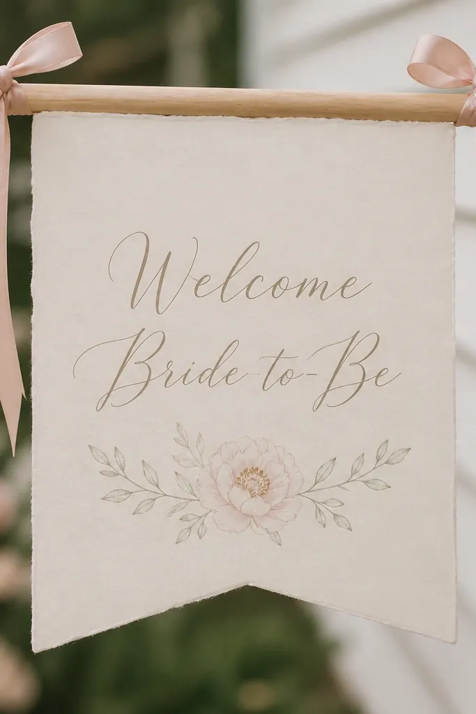 An ivory craft paper sign reading “Welcome Bride-to-Be” tied with a blush ribbon bow to a simple wooden dowel.
