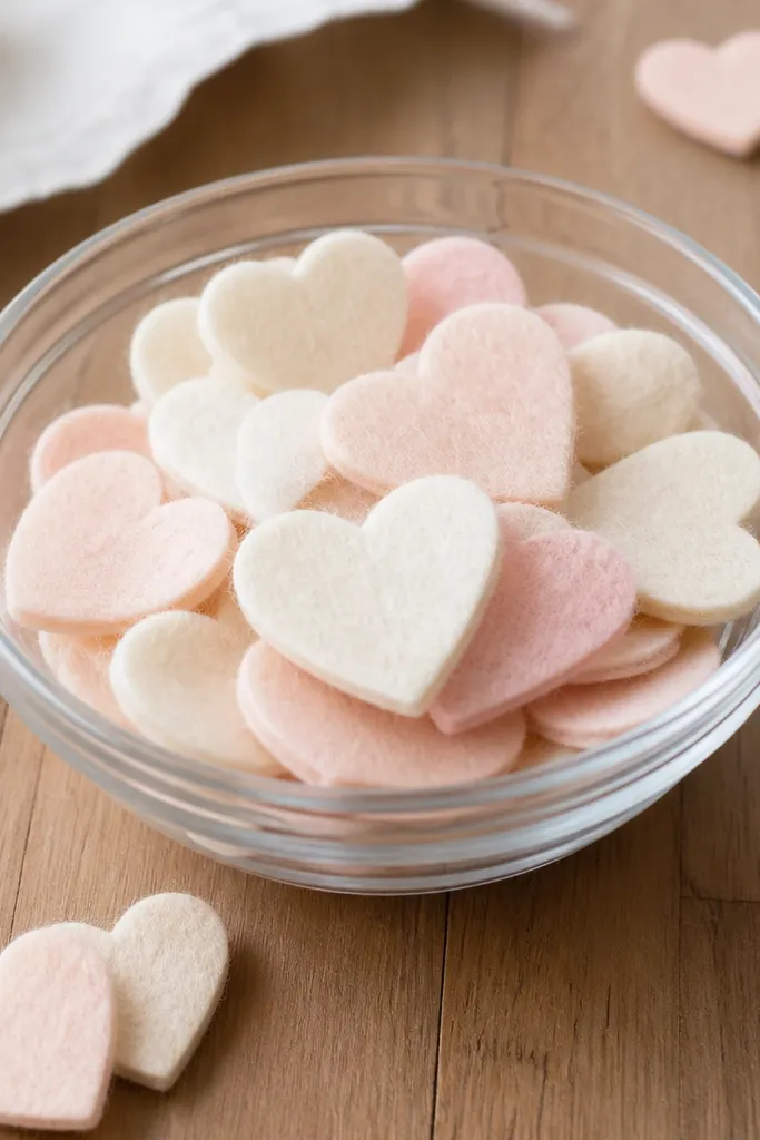 A clear glass bowl filled with small cream and blush felt heart cutouts on a wooden table.