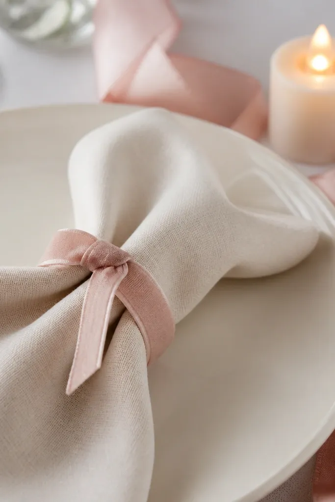A small ring made of ribbon around a napkin, with a nearby LED candle and blush ribbon accents on a plate.