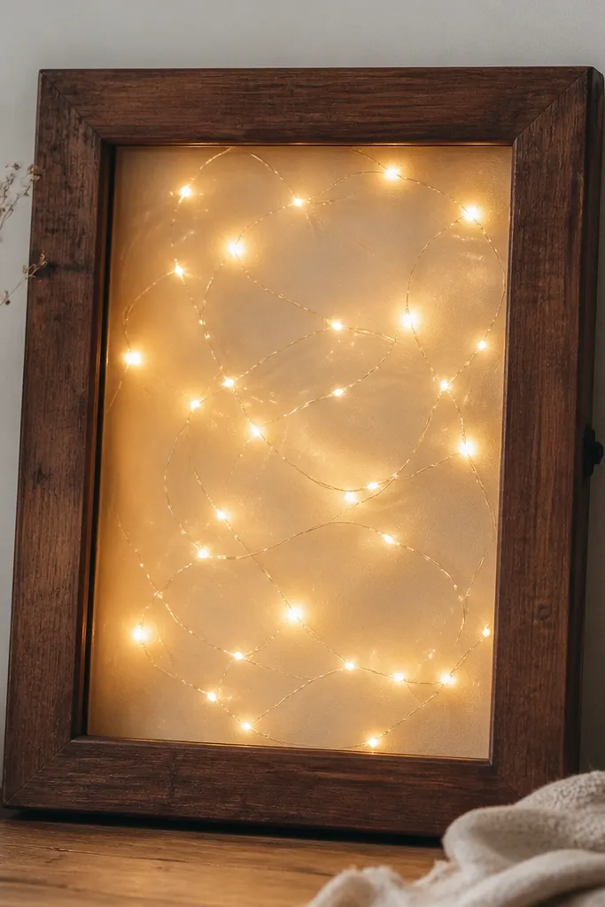 A thrifted wooden picture frame with warm white fairy lights wrapped behind the glass, showing a soft glowing background.