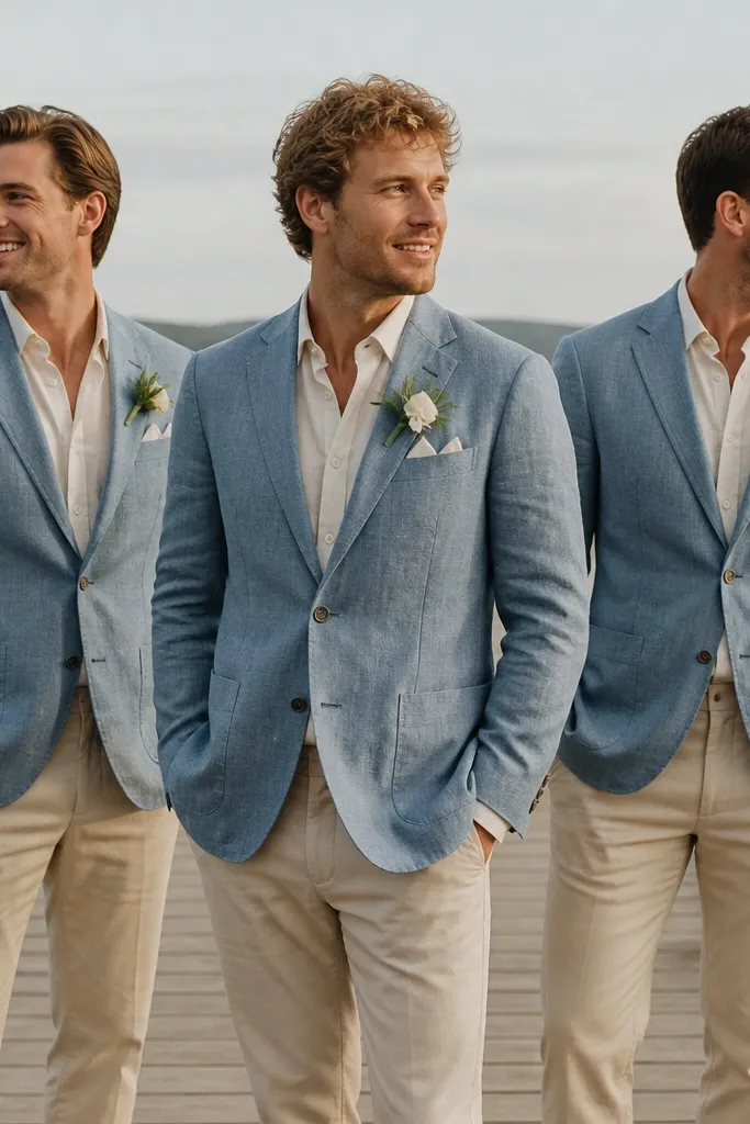 A groom and two groomsmen wearing dusty blue linen blazers over light cream shirts, paired with oat/beige chinos. They’re standing on a wooden dock; the linen shows visible natural texture and relaxed folds.