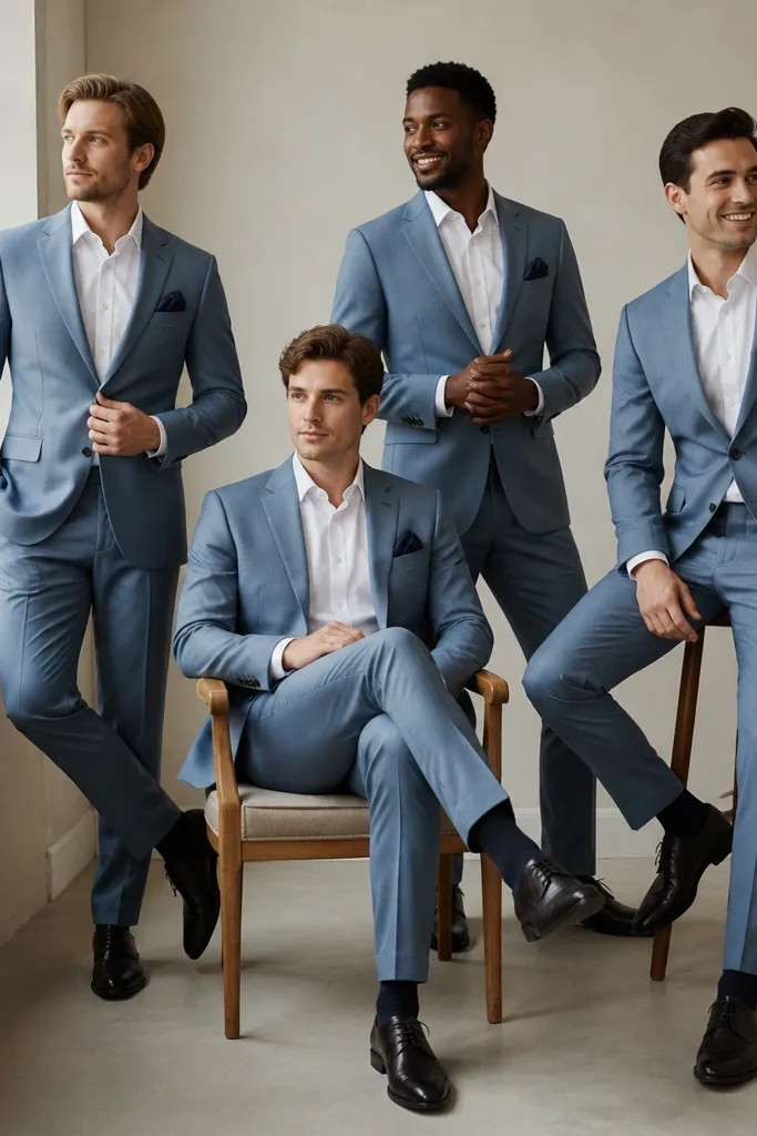 Men in matching dusty blue suits with crisp white dress shirts, navy pocket squares folded neatly, and dark leather oxfords. The pocket squares pop subtly against the dusty blue jackets in a bright indoor setting.