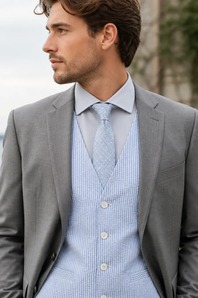 A groomsman wears a gray suit jacket with a dusty blue seersucker vest and a pale blue patterned tie. The vest shows puckered texture, and the shirt is light gray with a slightly spread collar.