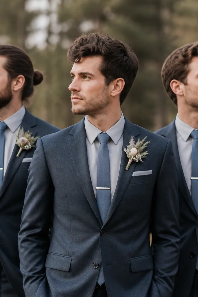 Three groomsmen in blue-gray suits with light gray shirts and dusty blue ties, each with a silver tie clip centered under the knot and a boutonniere in muted tones. The shots look like a styled editorial portrait.