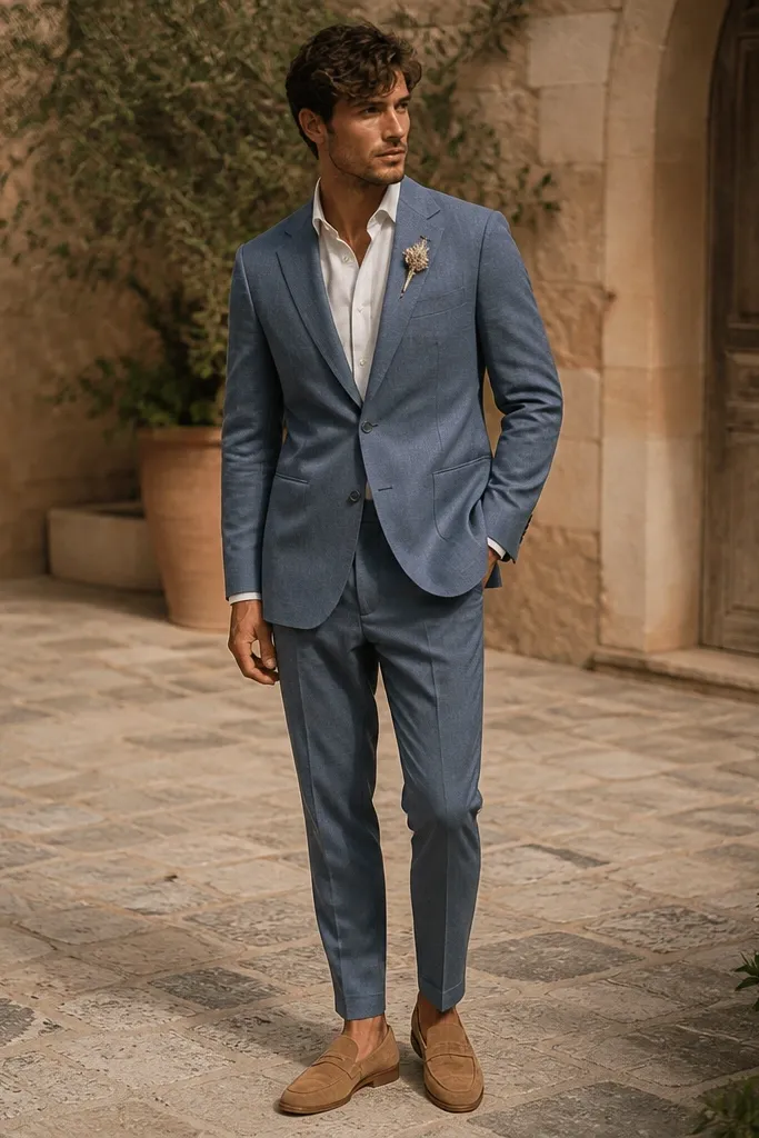 A groomsman stands outdoors wearing a dusty blue suit jacket with a cream dress shirt and tan suede loafers. His trousers are tailored and slightly tapered; the lighting makes the dusty blue look warm and muted.