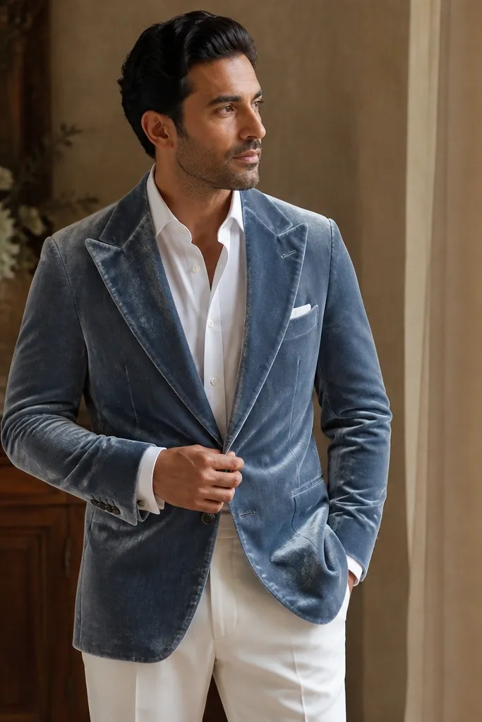 A groom wears a dusty blue velvet blazer over a white shirt and tailored white trousers. The velvet shows a rich pile with subtle sheen, and the image is taken under warm indoor lighting.
