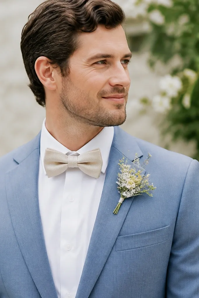A groomsman in a dusty blue suit wears an ecru bow tie and a white dress shirt with a clean collar. His boutonniere includes pale wildflowers; the photo is crisp and bright.