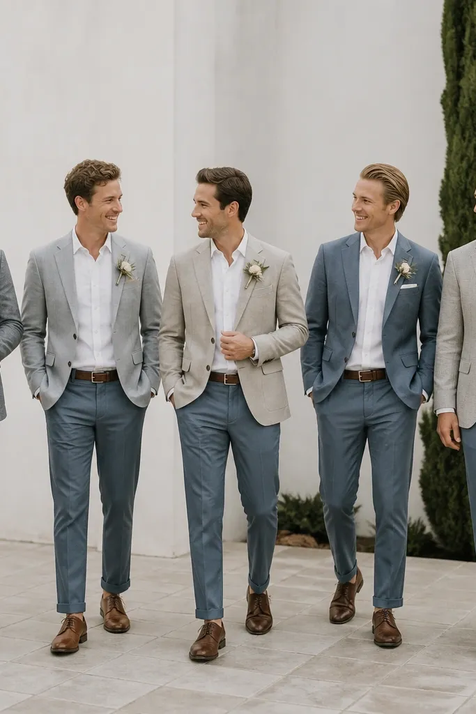 Groomsmen wear different jacket styles but consistent dusty blue trousers. One has a gray jacket with a blue chambray shirt; another has a lighter gray blazer with the same trousers. The group looks cohesive despite variation.
