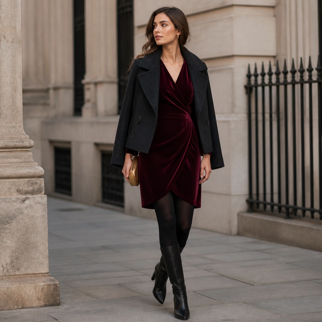 A model wearing a deep burgundy velvet wrap dress with a defined waist, paired with opaque black tights and knee-high heeled ankle boots. A cropped charcoal wool coat is worn open, and a small gold clutch sits at the side.