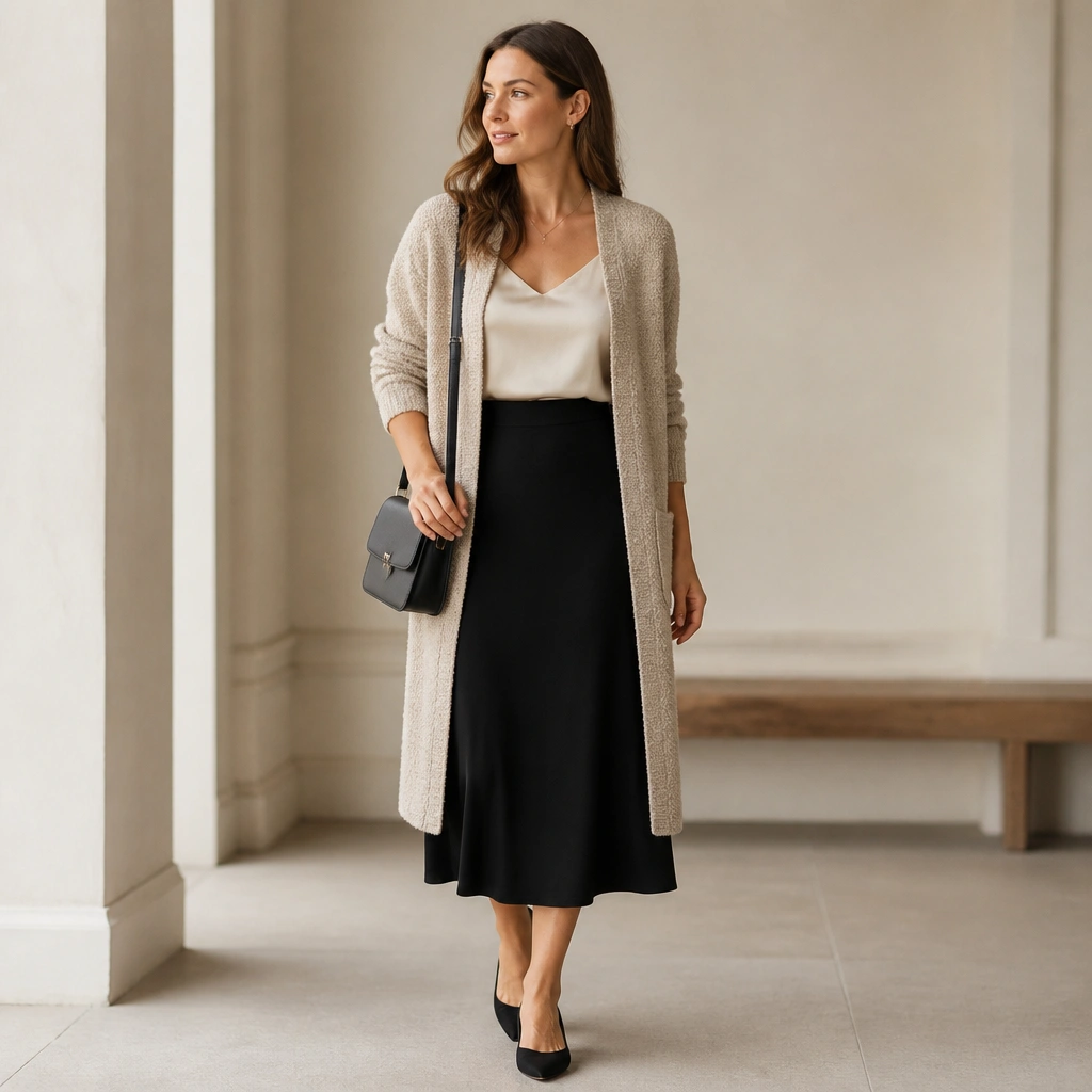A coordinated outfit featuring a black ponte midi skirt with a smooth waistband, a cream satin camisole, and a longline bouclé cardigan in oatmeal. The look is styled with pointed-toe flats and a structured crossbody bag.