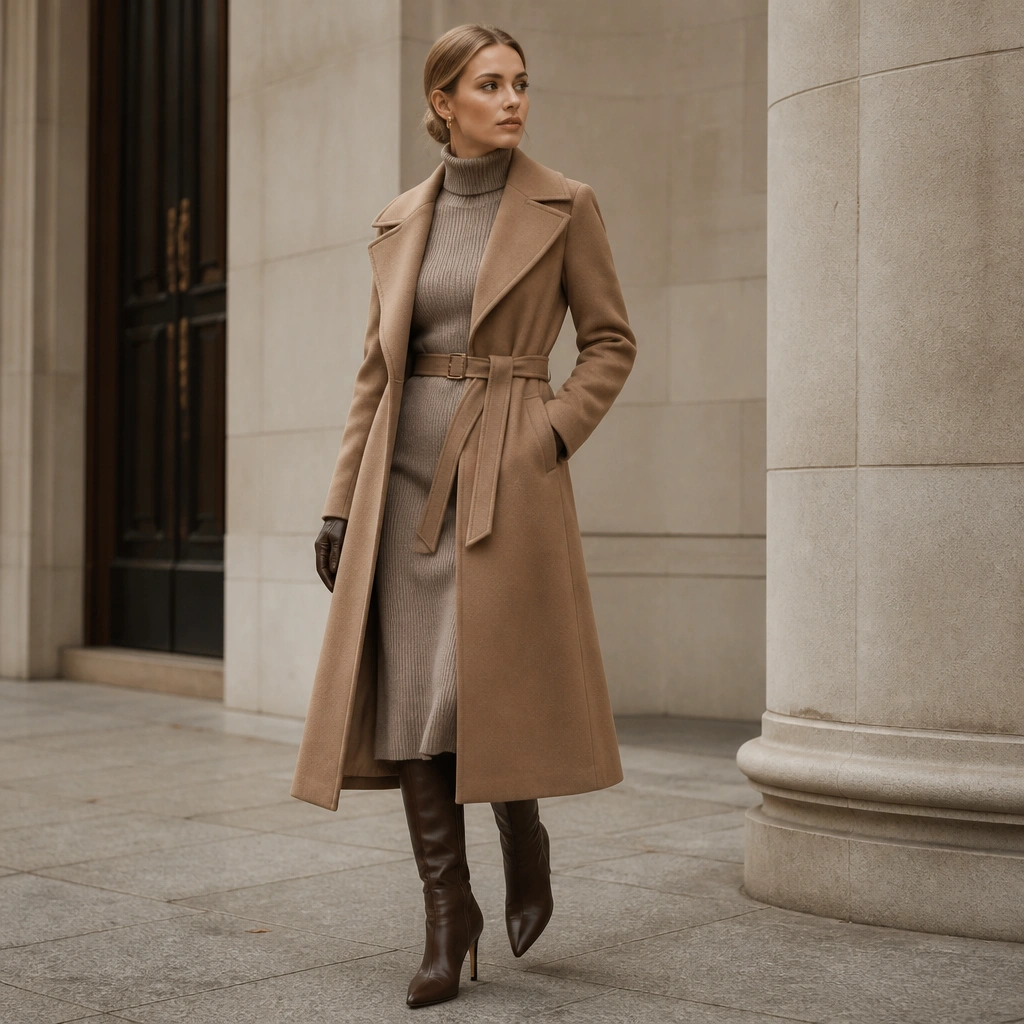 A turtleneck knit midi dress in soft taupe is cinched with a matching belt. The person wears a camel overcoat that’s belted at the waist, plus leather gloves and heeled knee-high boots.